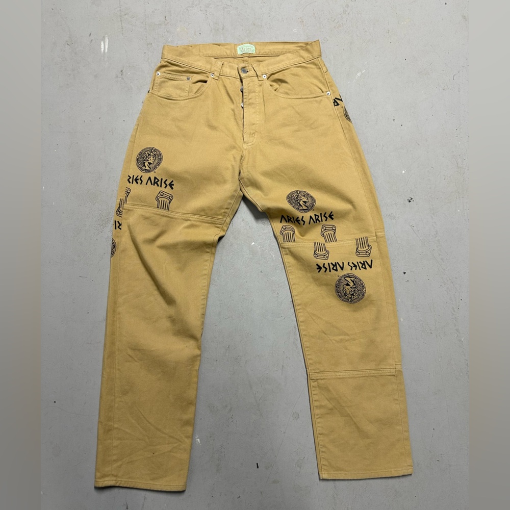 Aries Arise Logo Graphic Print Straight Leg Jeans in Beige Size 30 Mens